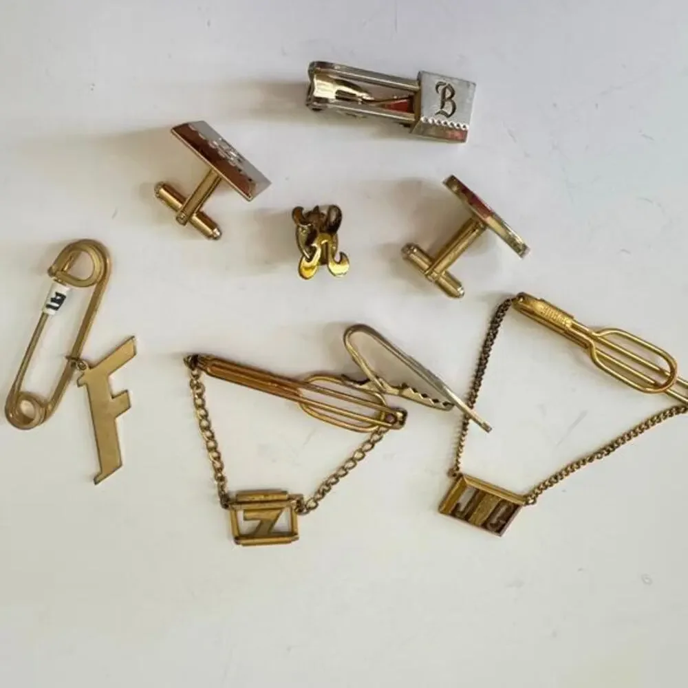 Vintage Lot of 8 Men’s Jewelry Swank, Hickok Cufflinks, Tie Bar Monogram Pins